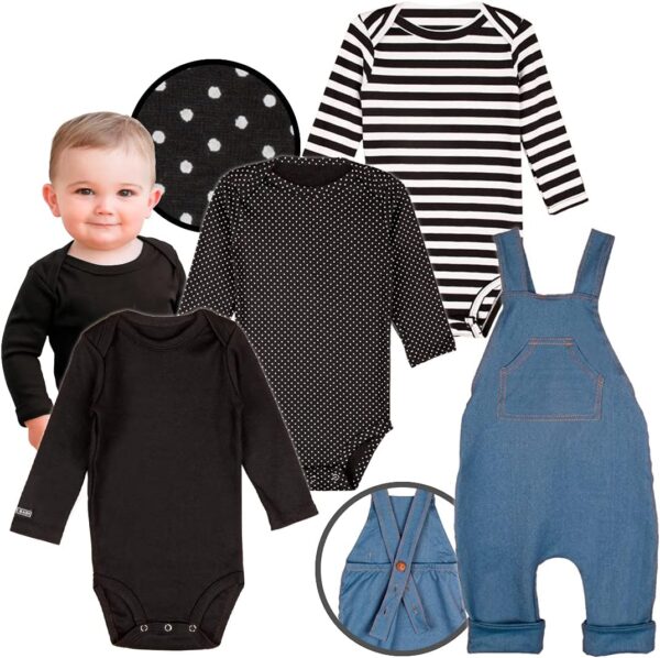 Conjunto Body Bebe Manga Longa e jardineira Unissex Minimalista Preto | 6-12 meses